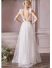 Ivory Lace Tulle Deep V Back Chic Wedding Dress